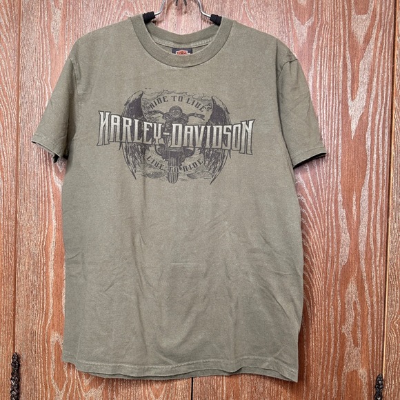 Vintage Zip 45th Parallel Harley Davidson Gaylord MI Olive Green Graphic T-Shirt - Picture 4 of 7